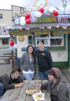 Scott & Ale in front of Alaskan Surf fish and chips in Ketchikan, AK