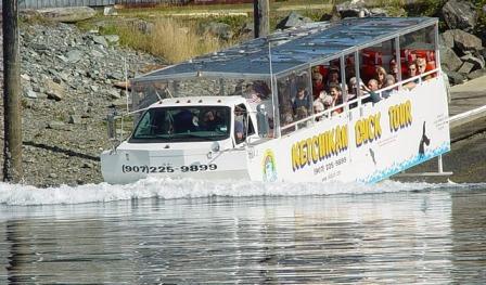 The Ketchikan Duck Tour driving into the water