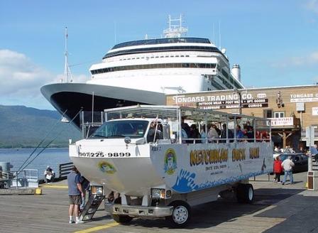 The Ketchikan Duck Tour sitting at the dock in Ketchikan