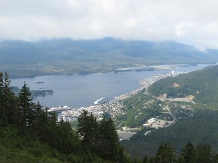 Looking down at the City of Ketchikan and the Cruise Ships in town from the Deer Mountain Trail in Ketchikan