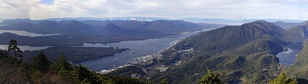View of Ketchikan & the surrounding islands from the summit of the Deer Mountain trail in Ketchikan Alaska