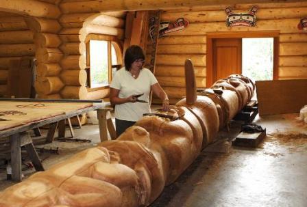 Brita Alendar at Potlatch Park is carver of Native American Totem Poles