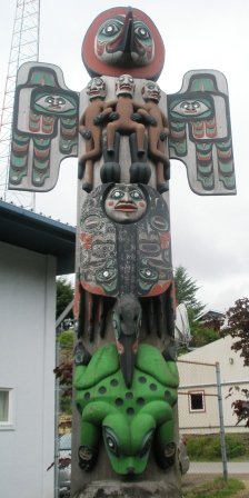 The Sun Raven Native American totem pole in Ketchikan Alaska